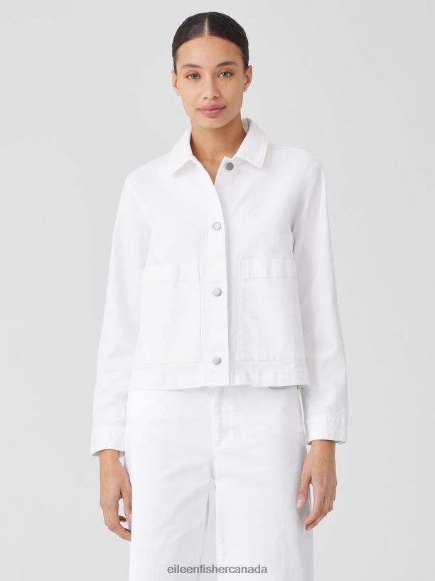EILEEN FISHER Organic Cotton Denim Classic Collar Jacket Easy Fit Short Length Women WHITE Clothing 024FN502
