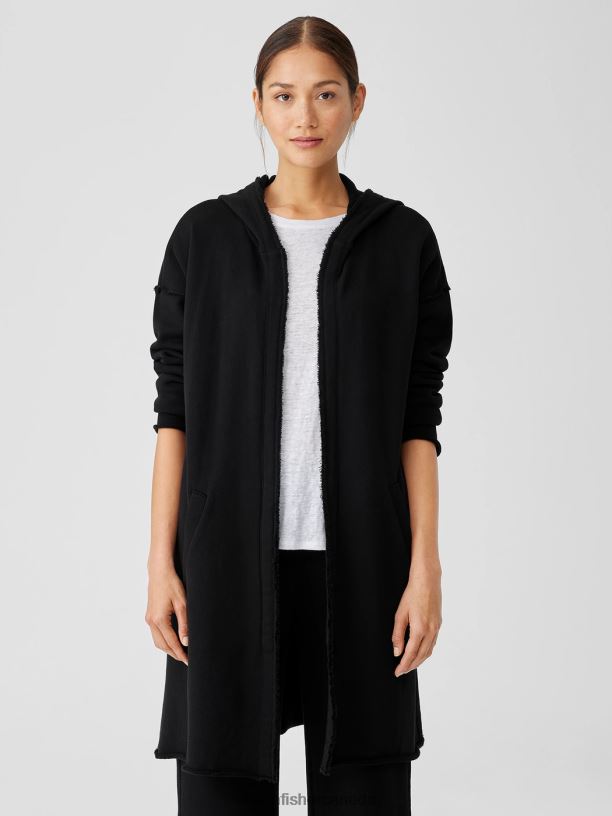 EILEEN FISHER Organic Cotton French Terry Long Jacket Boxy Fit Knee Length Women BLACK Clothing 024FN518