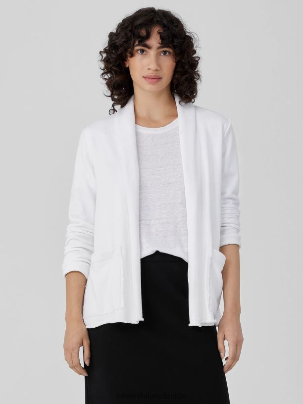 EILEEN FISHER Organic Cotton French Terry Shawl Collar Jacket Easy Fit Basic Length Women WHITE Clothing 024FN519