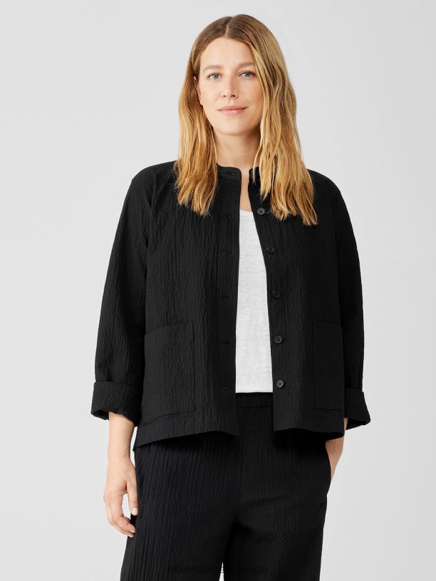 EILEEN FISHER Organic Cotton Pucker Mandarin Collar Jacket Easy Fit Basic Length Women BLACK Clothing 024FN542