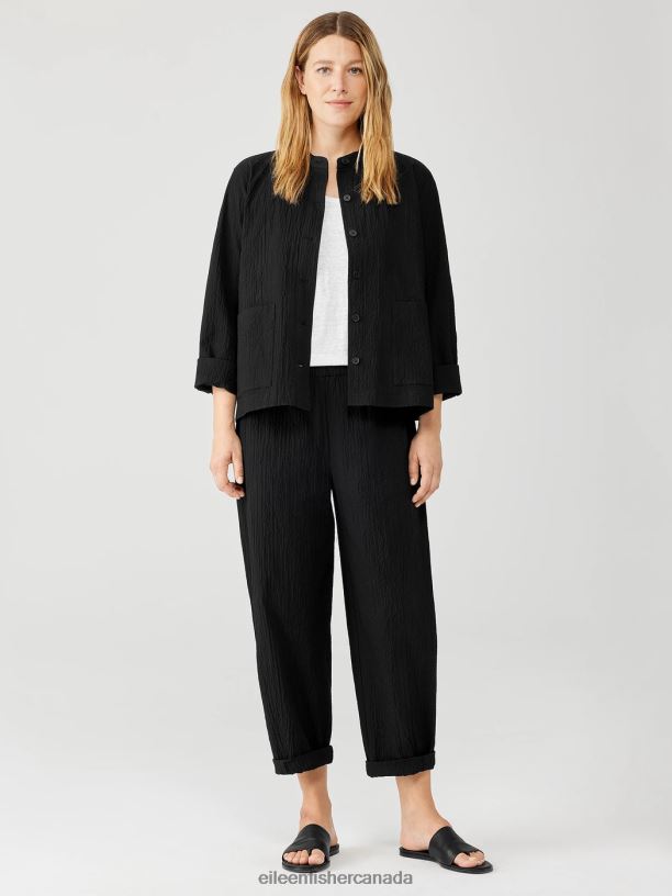 EILEEN FISHER Organic Cotton Pucker Mandarin Collar Jacket Easy Fit Basic Length Women BLACK Clothing 024FN542