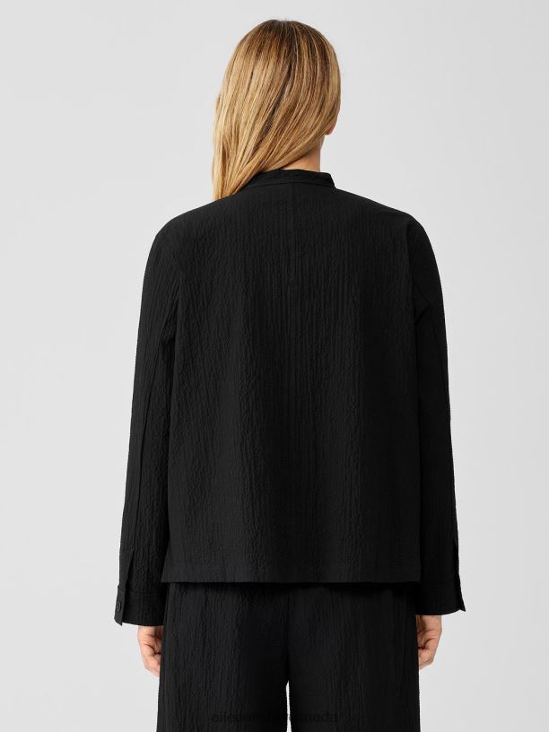EILEEN FISHER Organic Cotton Pucker Mandarin Collar Jacket Easy Fit Basic Length Women BLACK Clothing 024FN542