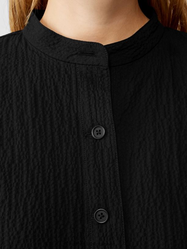 EILEEN FISHER Organic Cotton Pucker Mandarin Collar Jacket Easy Fit Basic Length Women BLACK Clothing 024FN542