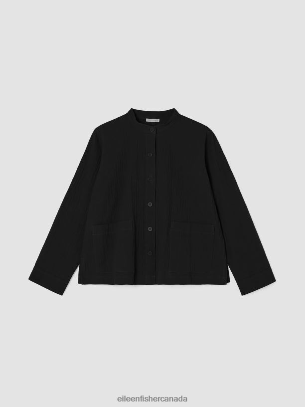 EILEEN FISHER Organic Cotton Pucker Mandarin Collar Jacket Easy Fit Basic Length Women BLACK Clothing 024FN542