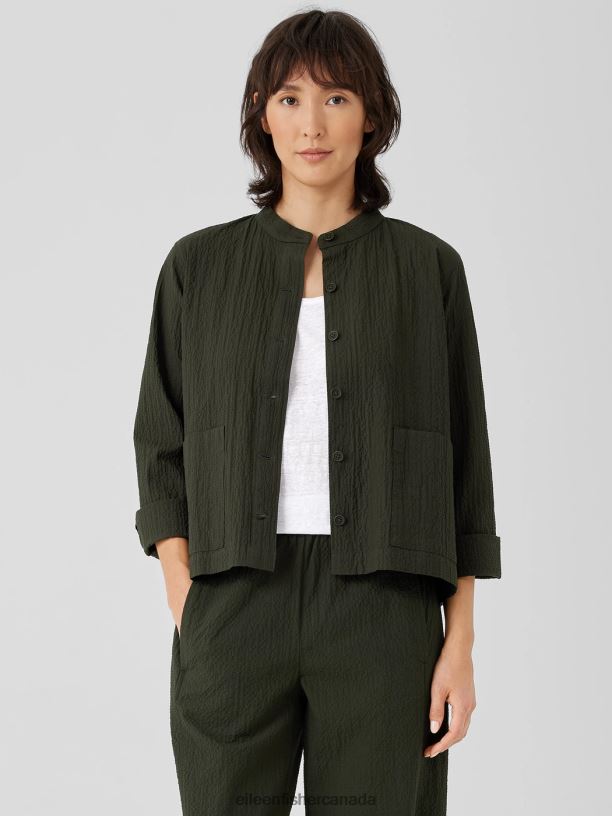 EILEEN FISHER Organic Cotton Pucker Mandarin Collar Jacket Easy Fit Basic Length Women SEAWEED Clothing 024FN544