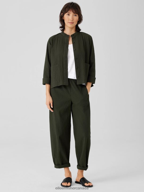 EILEEN FISHER Organic Cotton Pucker Mandarin Collar Jacket Easy Fit Basic Length Women SEAWEED Clothing 024FN544