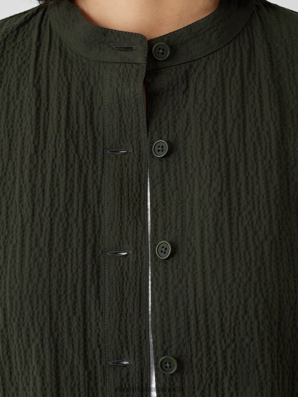 EILEEN FISHER Organic Cotton Pucker Mandarin Collar Jacket Easy Fit Basic Length Women SEAWEED Clothing 024FN544