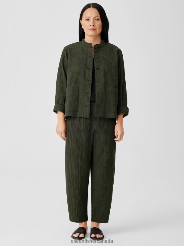 EILEEN FISHER Organic Cotton Pucker Mandarin Collar Jacket Easy Fit Basic Length Women SEAWEED Clothing 024FN544