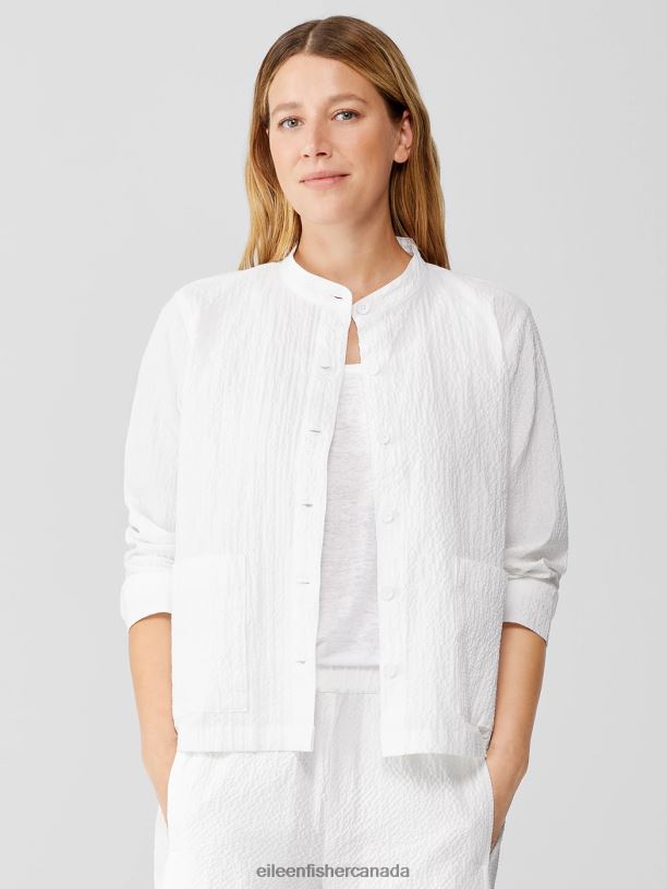 EILEEN FISHER Organic Cotton Pucker Mandarin Collar Jacket Easy Fit Basic Length Women WHITE Clothing 024FN543