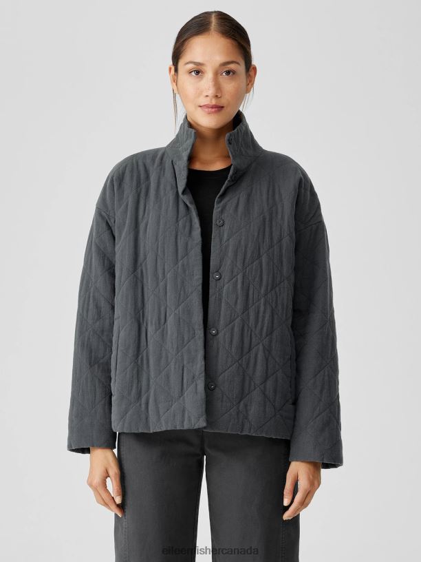 EILEEN FISHER Organic Linen Cotton Crepe Quilted Jacket Boxy Fit Basic Length Women GRAPHITE Clothing 024FN529