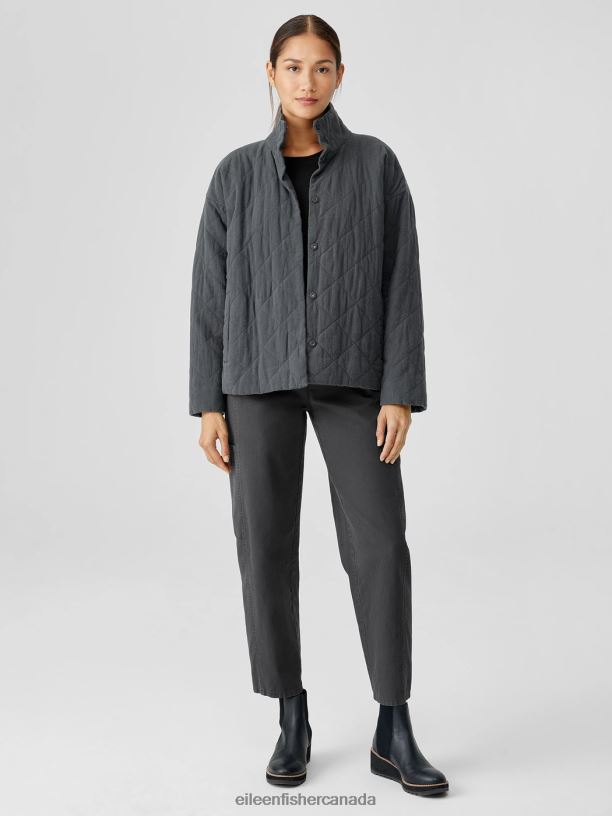 EILEEN FISHER Organic Linen Cotton Crepe Quilted Jacket Boxy Fit Basic Length Women GRAPHITE Clothing 024FN529