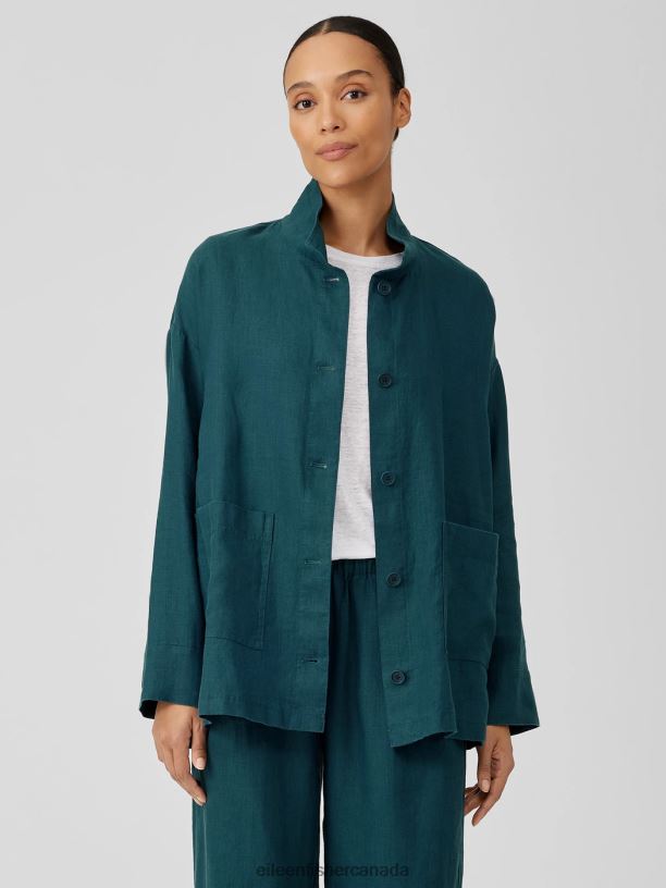 EILEEN FISHER Organic Linen Stand Collar Jacket Boxy Fit Long Length Women PACIFICA Clothing 024FN514