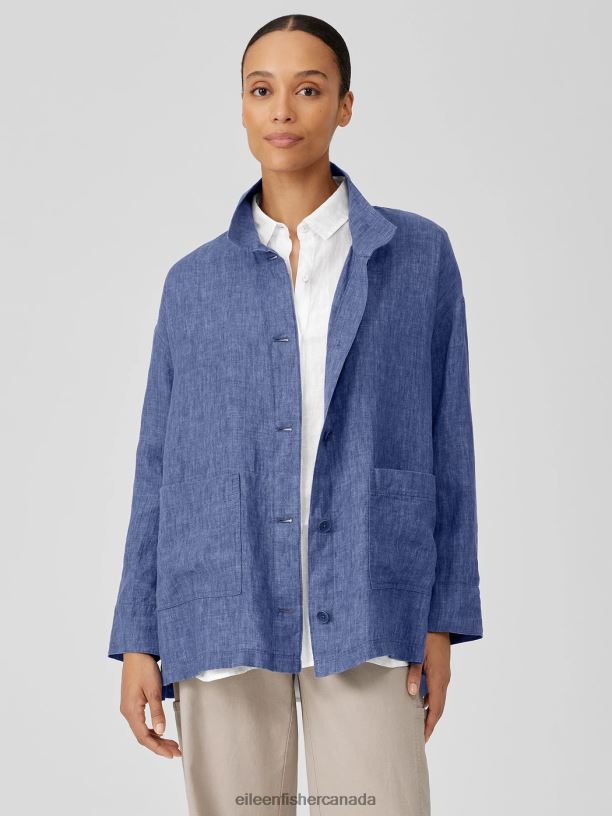 EILEEN FISHER Washed Organic Linen Delave Stand Collar Jacket Boxy Fit Long Length Women BLUEBERRY Clothing 024FN512