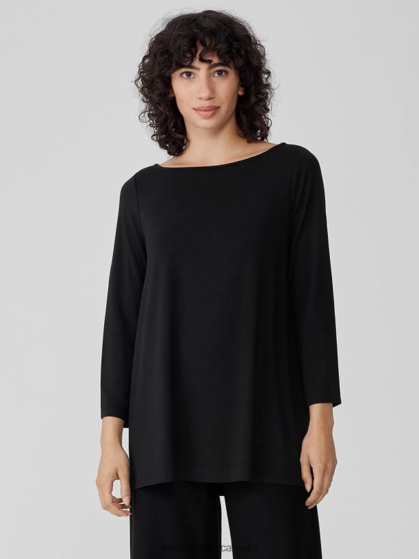 EILEEN FISHER Fine Jersey Bateau Neck Top Easy Fit Long Length Women BLACK Clothing 024FN207