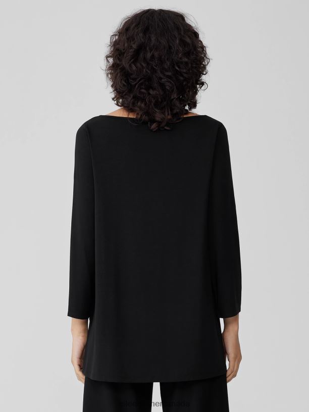 EILEEN FISHER Fine Jersey Bateau Neck Top Easy Fit Long Length Women BLACK Clothing 024FN207