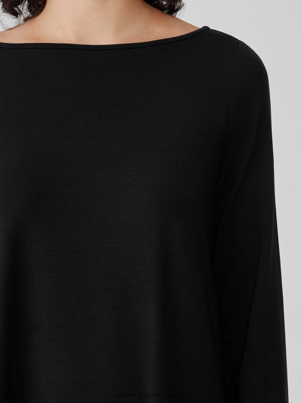 EILEEN FISHER Fine Jersey Bateau Neck Top Easy Fit Long Length Women BLACK Clothing 024FN207