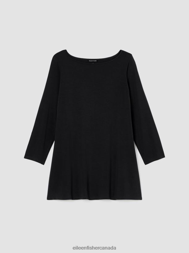 EILEEN FISHER Fine Jersey Bateau Neck Top Easy Fit Long Length Women BLACK Clothing 024FN207