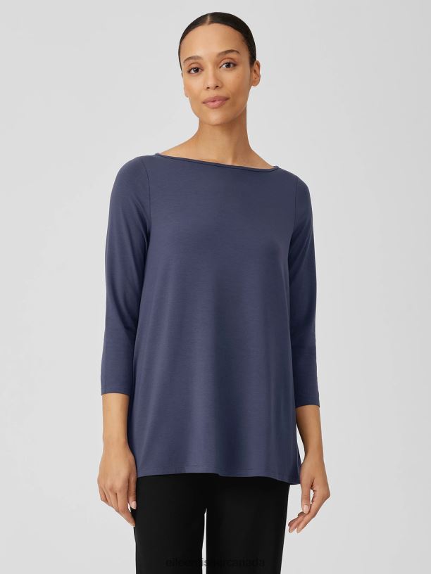 EILEEN FISHER Fine Jersey Bateau Neck Top Easy Fit Long Length Women OCEAN Clothing 024FN208