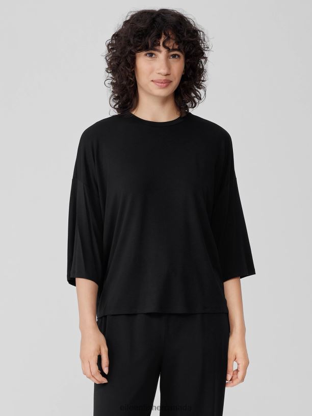 EILEEN FISHER Fine Jersey Column-Sleeve Top Boxy Fit Basic Length Women BLACK Clothing 024FN204