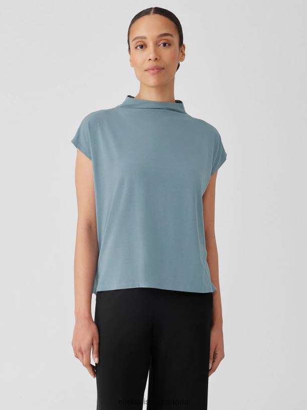 EILEEN FISHER Fine Jersey Funnel Neck Top Boxy Fit Basic Length Women BLACK Clothing 024FN196