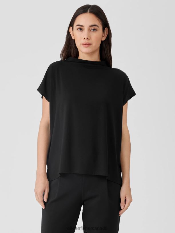 EILEEN FISHER Fine Jersey Funnel Neck Top Boxy Fit Basic Length Women BLACK Clothing 024FN197