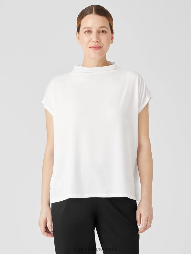 EILEEN FISHER Fine Jersey Funnel Neck Top Boxy Fit Basic Length Women WHITE Clothing 024FN198