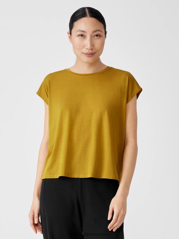 EILEEN FISHER Fine Jersey Square Top Boxy Fit Short Length Women MUSTARD SEED Clothing 024FN282
