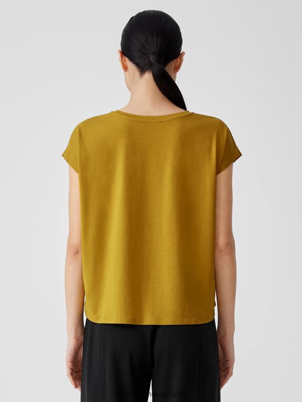 EILEEN FISHER Fine Jersey Square Top Boxy Fit Short Length Women MUSTARD SEED Clothing 024FN282