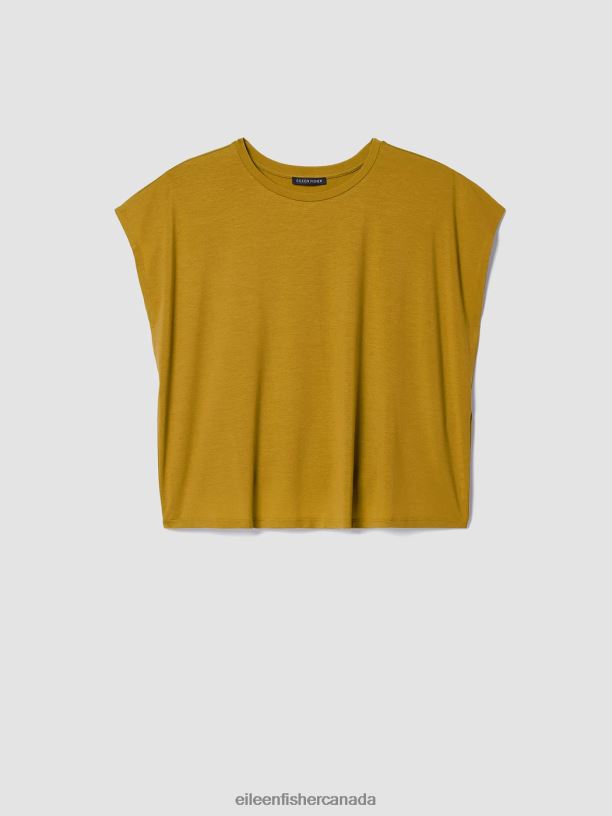 EILEEN FISHER Fine Jersey Square Top Boxy Fit Short Length Women MUSTARD SEED Clothing 024FN282