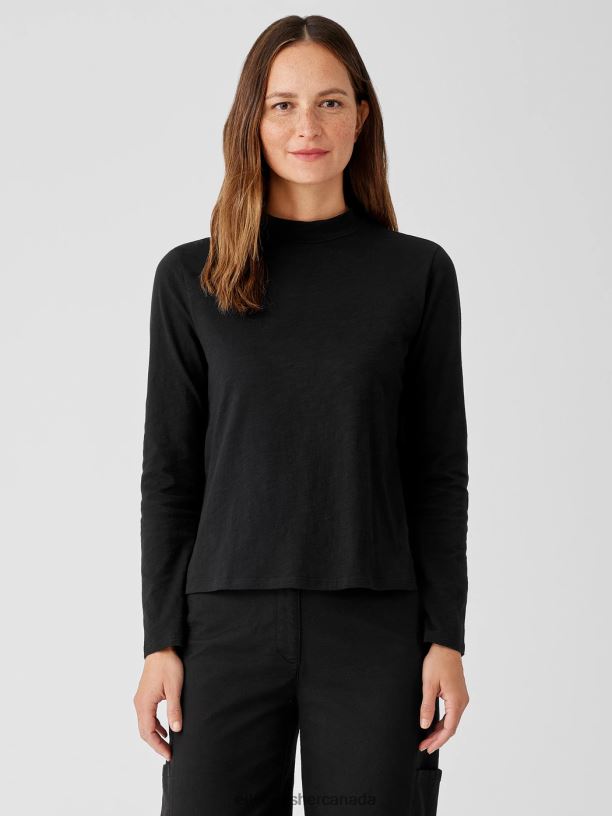 EILEEN FISHER Organic Cotton Slub Jersey Mock Neck Top Easy Fit Basic Length Women BLACK Clothing 024FN249