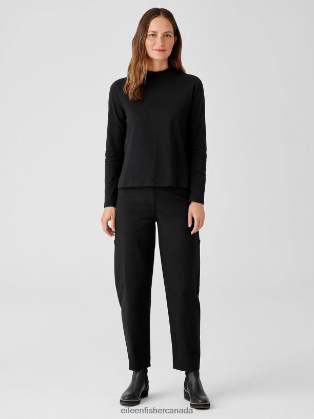 EILEEN FISHER Organic Cotton Slub Jersey Mock Neck Top Easy Fit Basic Length Women BLACK Clothing 024FN249