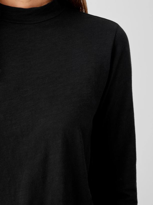 EILEEN FISHER Organic Cotton Slub Jersey Mock Neck Top Easy Fit Basic Length Women BLACK Clothing 024FN249