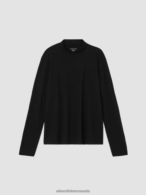 EILEEN FISHER Organic Cotton Slub Jersey Mock Neck Top Easy Fit Basic Length Women BLACK Clothing 024FN249