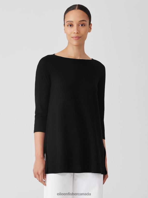 EILEEN FISHER Organic Linen Jersey Bateau Neck Top Easy Fit Thigh Length Women BLACK Clothing 024FN116
