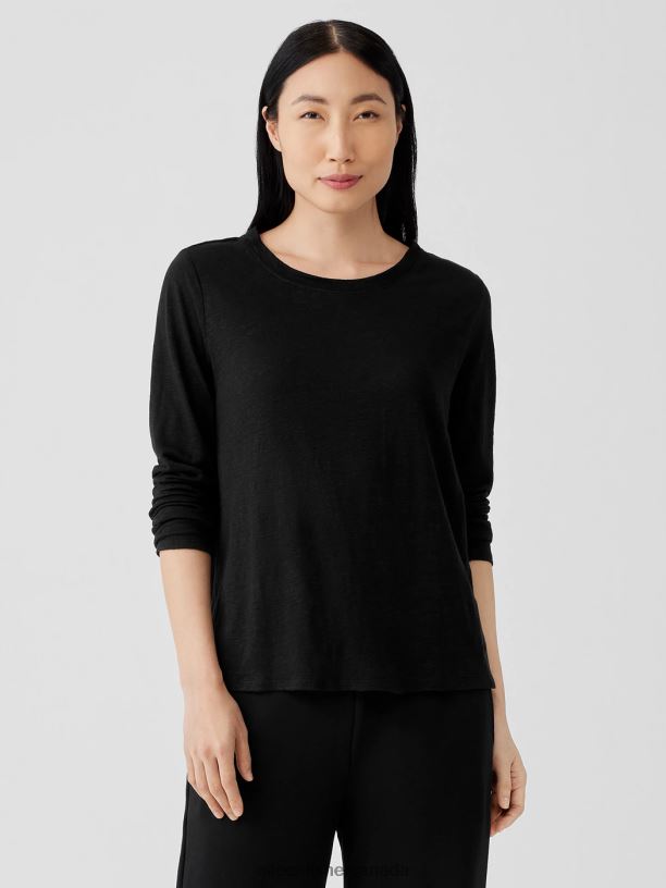 EILEEN FISHER Organic Linen Jersey Crew Neck Top Easy Fit Basic Length Women BLACK Clothing 024FN112