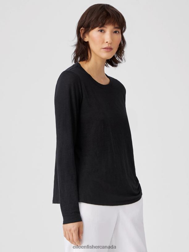 EILEEN FISHER Organic Linen Jersey Crew Neck Top Easy Fit Basic Length Women BLACK Clothing 024FN313