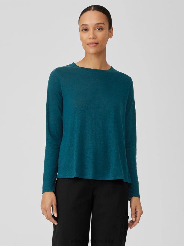 EILEEN FISHER Organic Linen Jersey Crew Neck Top Easy Fit Basic Length Women PACIFICA Clothing 024FN115