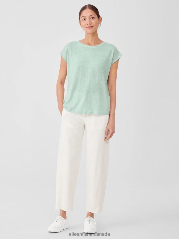 EILEEN FISHER Organic Linen Jersey Shirred-Back Top Boxy Fit Basic Length Women ABSINTHE Clothing 024FN140