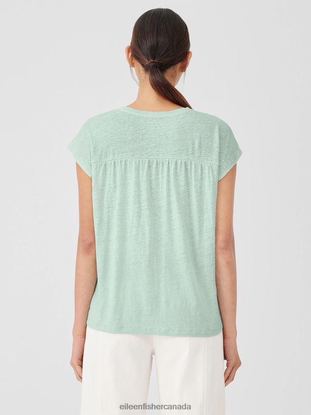 EILEEN FISHER Organic Linen Jersey Shirred-Back Top Boxy Fit Basic Length Women ABSINTHE Clothing 024FN140