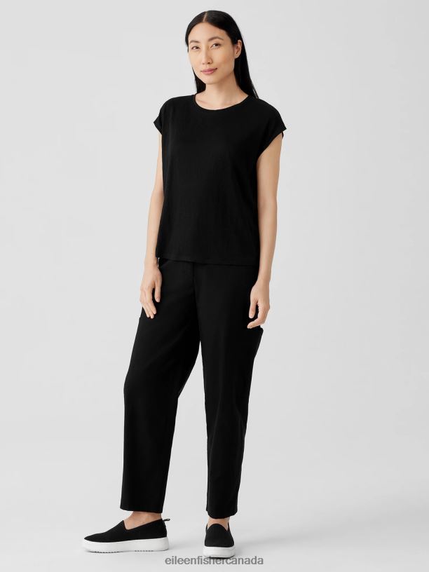EILEEN FISHER Organic Linen Jersey Shirred-Back Top Boxy Fit Basic Length Women BLACK Clothing 024FN132
