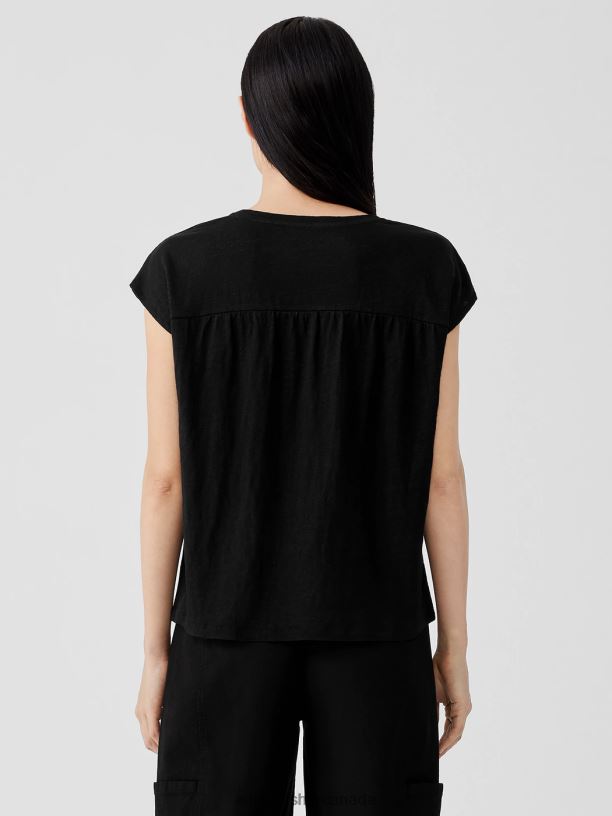 EILEEN FISHER Organic Linen Jersey Shirred-Back Top Boxy Fit Basic Length Women BLACK Clothing 024FN132