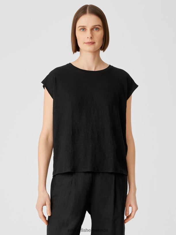 EILEEN FISHER Organic Linen Jersey Shirred-Back Top Boxy Fit Basic Length Women BLACK Clothing 024FN309