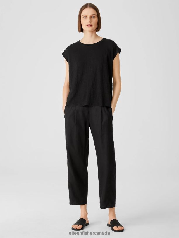 EILEEN FISHER Organic Linen Jersey Shirred-Back Top Boxy Fit Basic Length Women BLACK Clothing 024FN309
