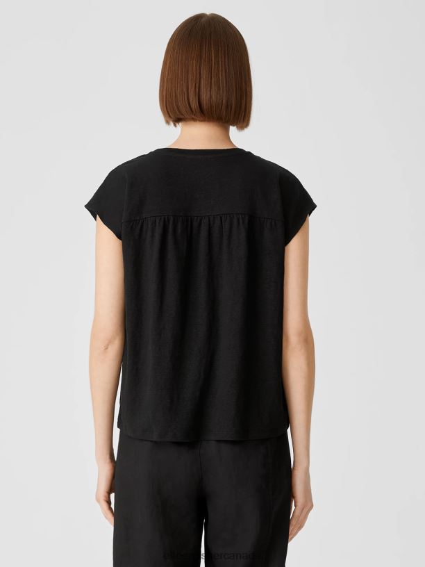 EILEEN FISHER Organic Linen Jersey Shirred-Back Top Boxy Fit Basic Length Women BLACK Clothing 024FN309