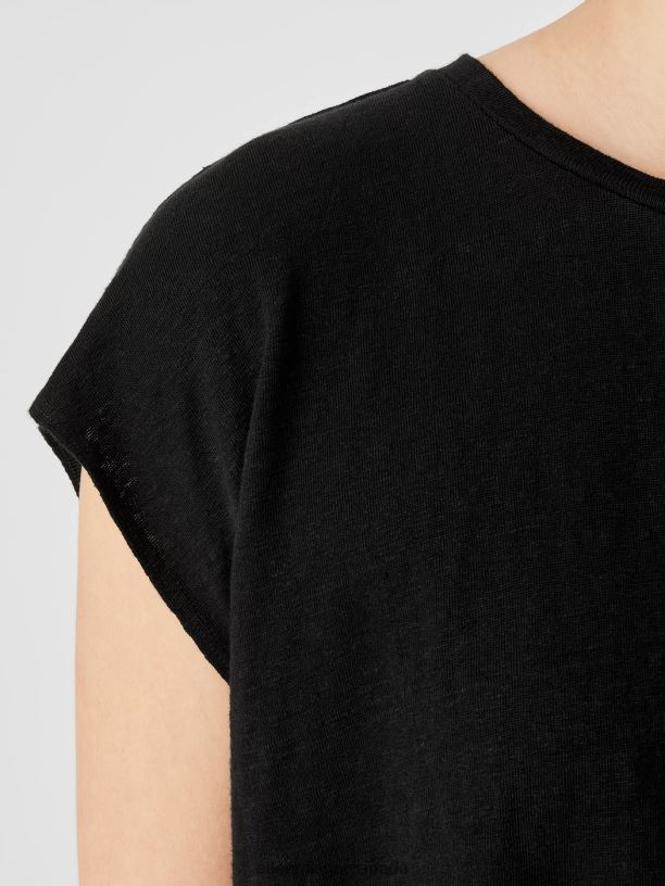 EILEEN FISHER Organic Linen Jersey Shirred-Back Top Boxy Fit Basic Length Women BLACK Clothing 024FN309