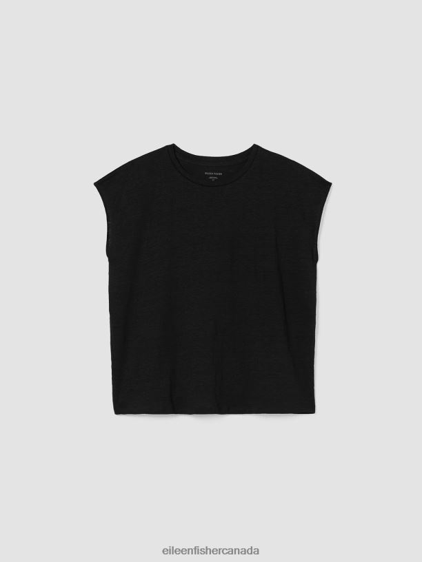 EILEEN FISHER Organic Linen Jersey Shirred-Back Top Boxy Fit Basic Length Women BLACK Clothing 024FN309