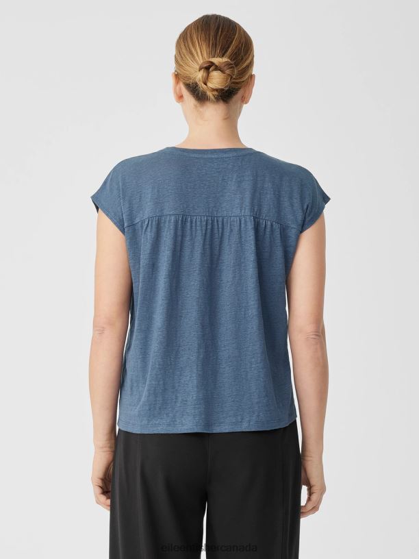 EILEEN FISHER Organic Linen Jersey Shirred-Back Top Boxy Fit Basic Length Women DUSK Clothing 024FN138