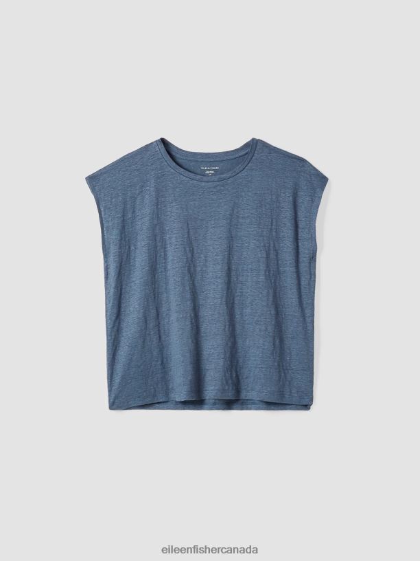 EILEEN FISHER Organic Linen Jersey Shirred-Back Top Boxy Fit Basic Length Women DUSK Clothing 024FN138