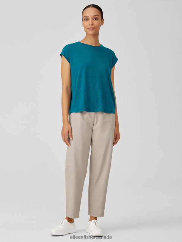EILEEN FISHER Organic Linen Jersey Shirred-Back Top Boxy Fit Basic Length Women JEWEL Clothing 024FN134
