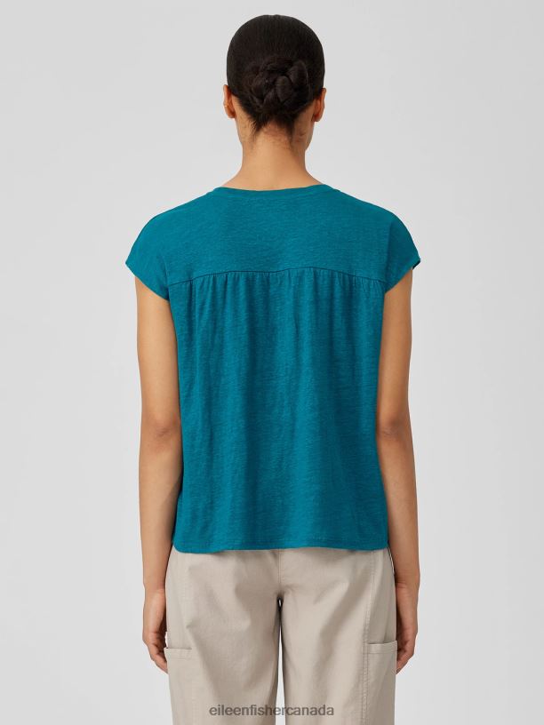EILEEN FISHER Organic Linen Jersey Shirred-Back Top Boxy Fit Basic Length Women JEWEL Clothing 024FN134